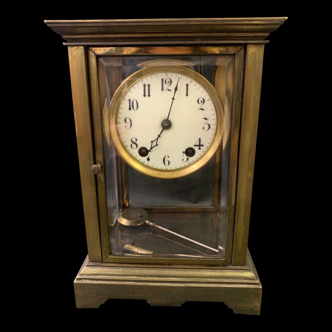 Vintage Brass & Beveled Glass Mantle Clock: Vintage Brass Mantle Clock Featuring 4 Beveled Glass Panels Marked On Movement: R. Kaiser, Made Is U.s. America, 4815810" Tall