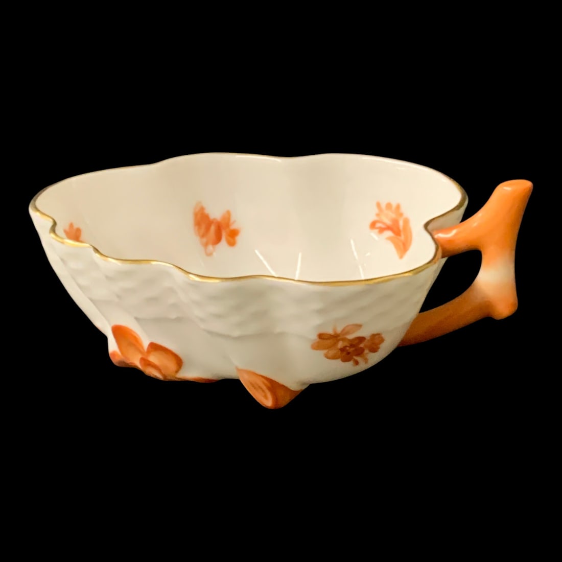Herend Porcelain Bouquet Rust Dish: Herend Porcelain Bouquet Rust Leaf Shaped Dish Featuring Orange Floral And Butterfly Motifs With Gold TrimMarked On Back: Herend Hungary,4 1/8" Long