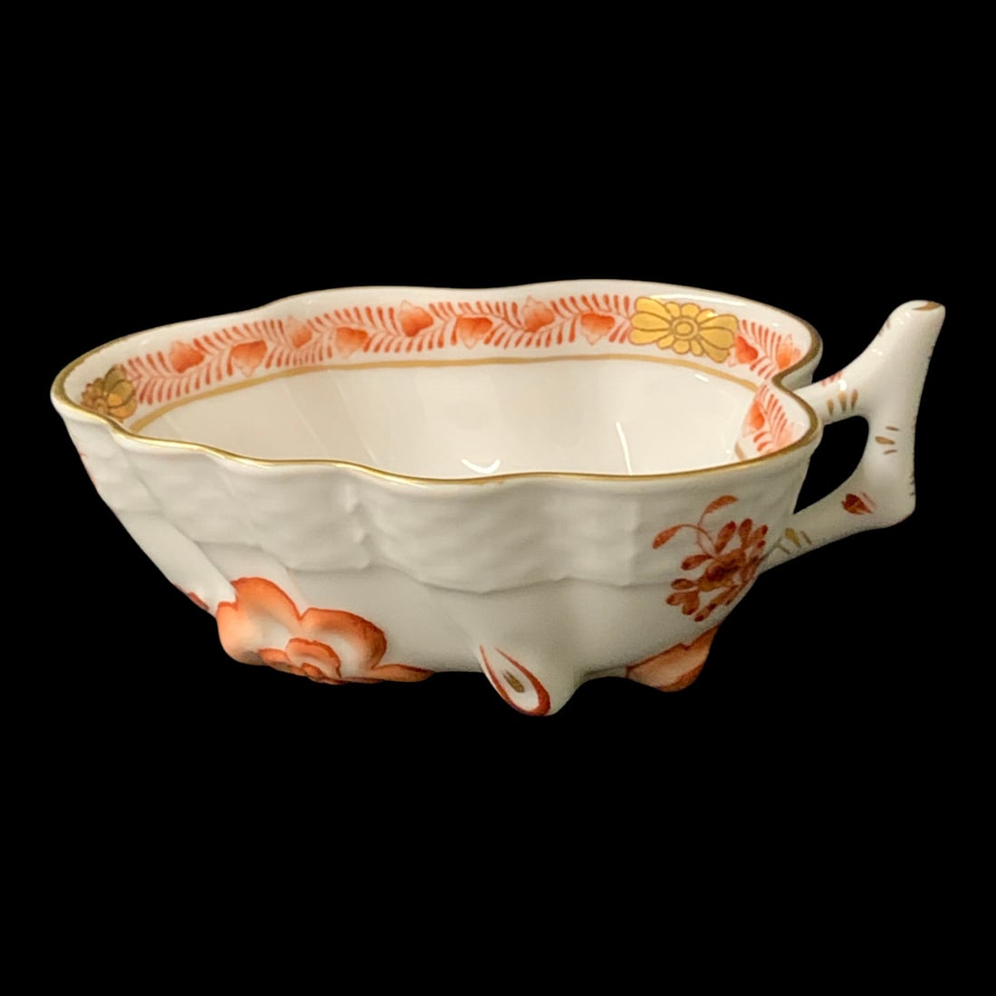 Herend Porcelain Bouquet Rust Dish: Herend Porcelain Bouquet Rust Leaf Shaped Dish Featuring Orange Floral And Butterfly Motifs With Gold TrimMarked On Back: Handpainted, Herend Hungary,4 1/4" Long