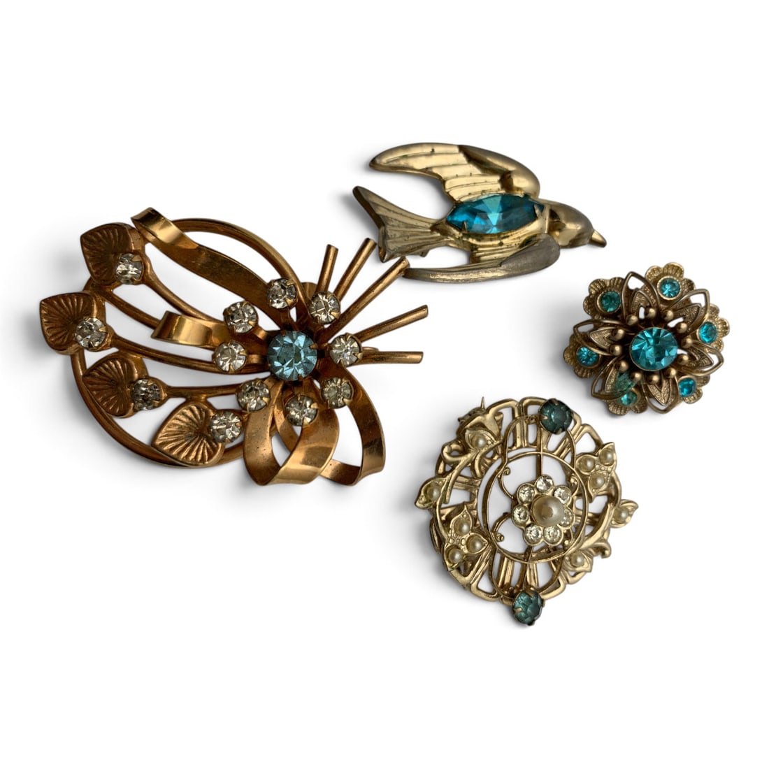 4 Vintage Rhinestone Brooches: 4 Vintage Rhinestone Brooches Including 1 Bronze Tone Brooch All Featuring Blue Rhinestones1" - 2" Long