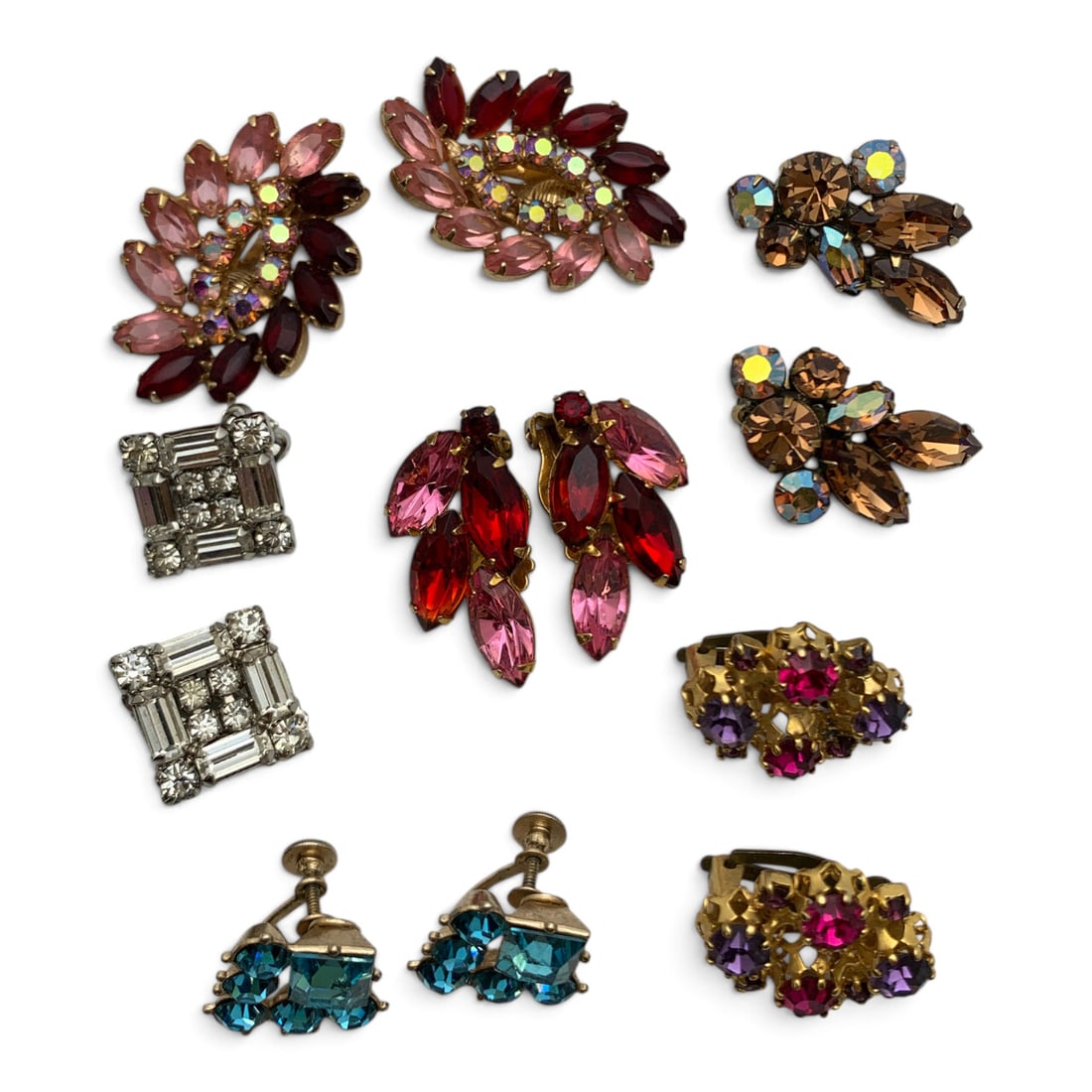 6 Pairs Of Vintage Rhinestone Clip Earrings: 6 Pair Of Vintage Rhinestone Clip Earrings Including Pieces By Weiss, Austria And Coro3/4" - 1 5/8" Long