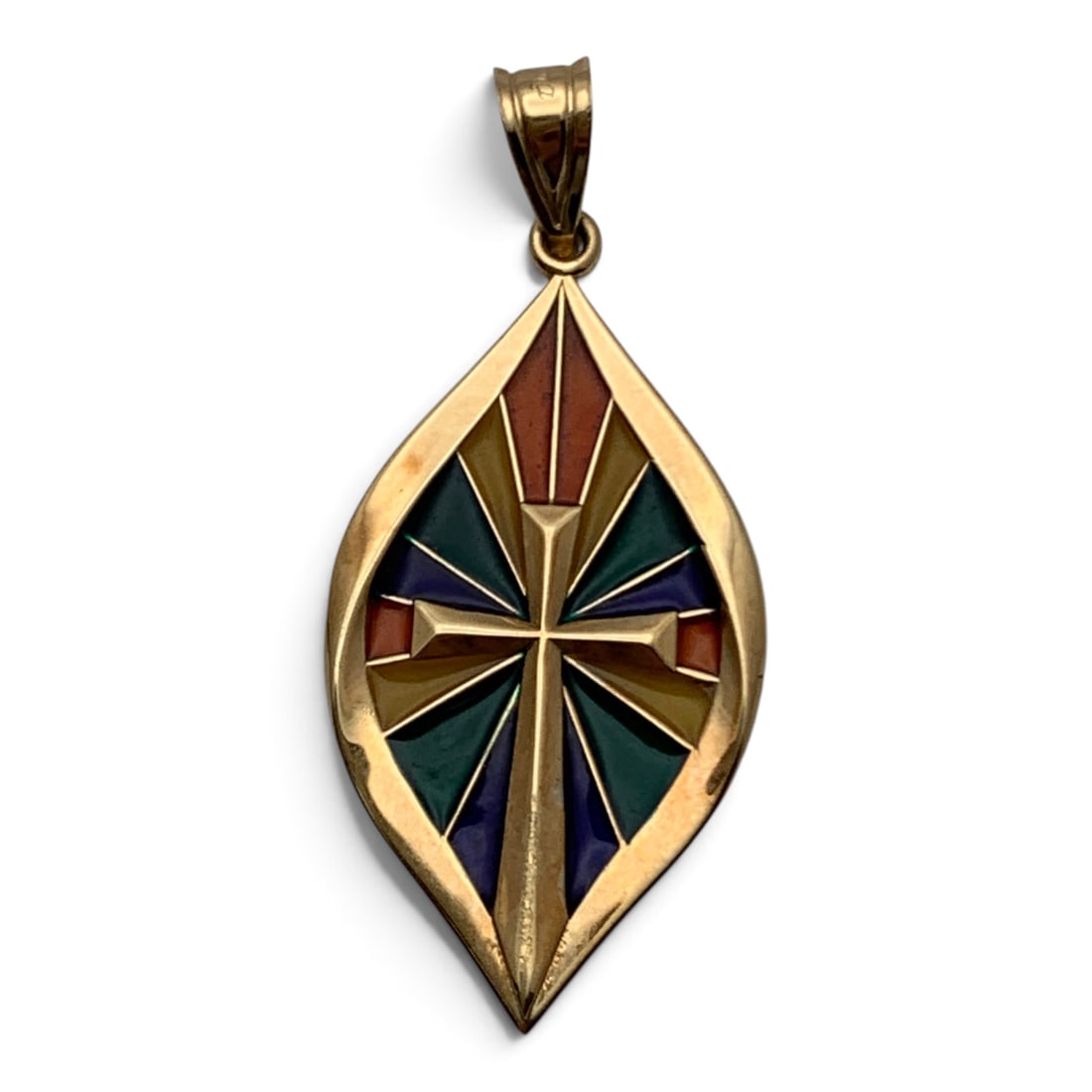 14k Yellow Gold Enameled Cross Pendant: 14k Yellow Gold Pendant Featuring A Cross Design And Colorful Enamel Work Marked: 14k - 1 3/8" Long - 1.0 Dwt