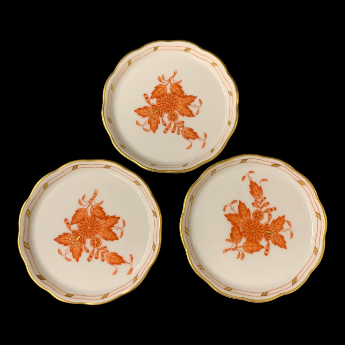 3 Herend Porcelain Bouquet Rust Trinket Dishes: 3 Herend Porcelain Bouquet Rust Leaf Shaped Trinket Dishes Featuring Orange Floral Motifs With Gold TrimMarked On Back: Handpainted, Herend Hungary,3 1/8" Diameter