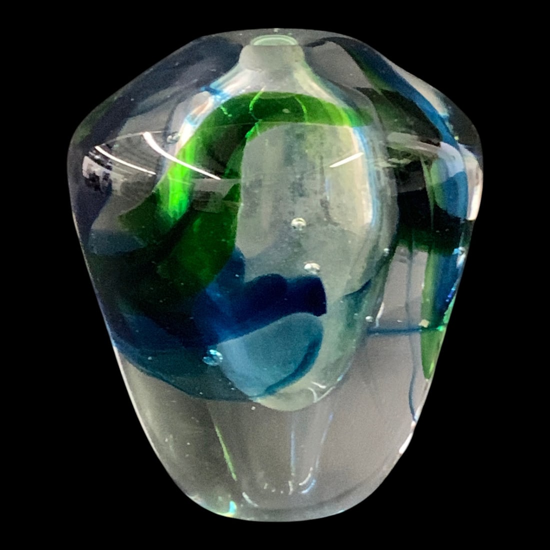 Signed Handcrafted Art Glass Vase: Signed Handcrafted Art Glass Vase Featuring Blue And Green Internal Swirls Signed On Bottom Rim: 95'3 1/2" Tall