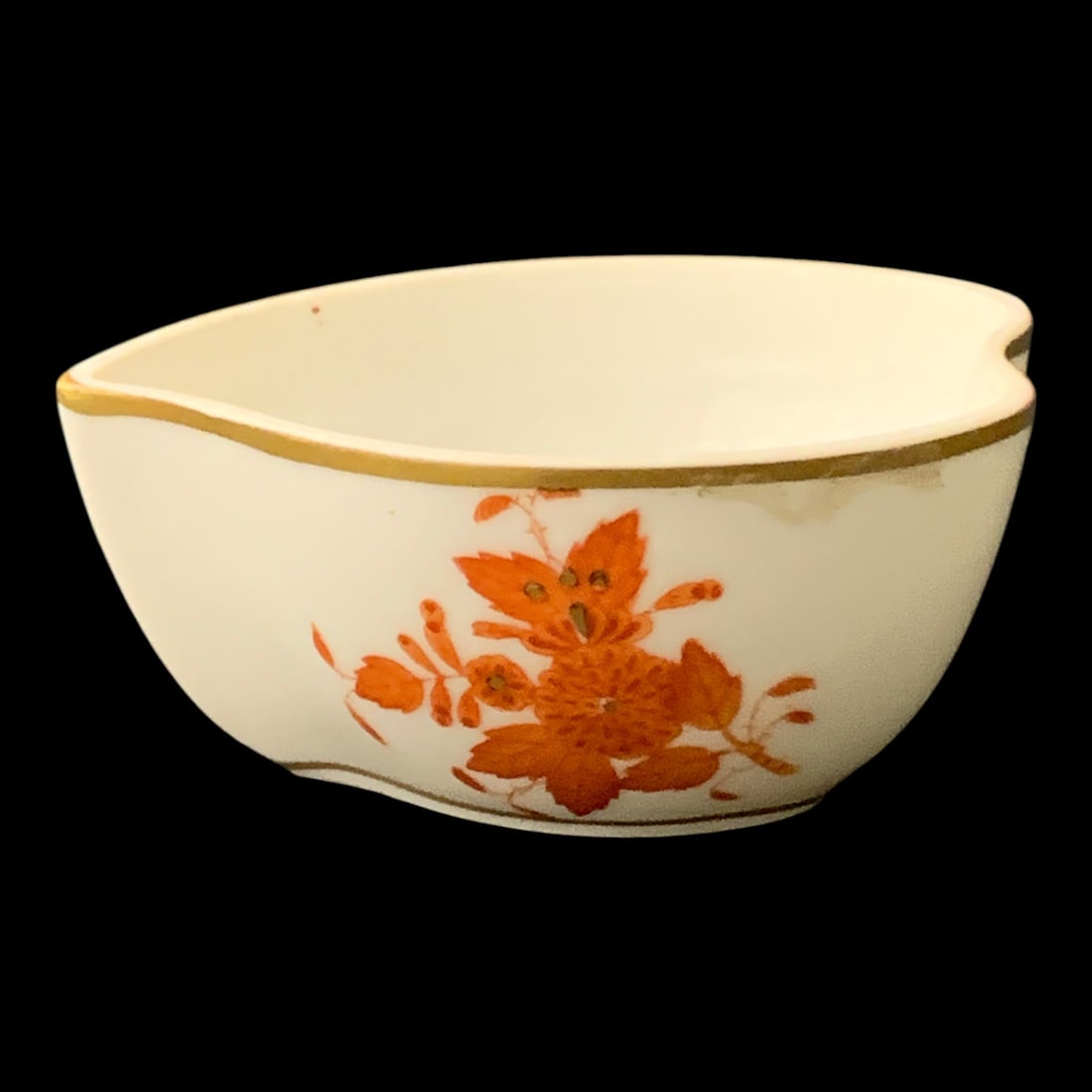 Herend Porcelain Bouquet Rust Dish: Herend Porcelain Bouquet Rust Heart Shaped Trinket Dishe Featuring Orange Floral Motifs With Gold TrimMarked On Back: Handpainted, Herend Hvngary,3" Long