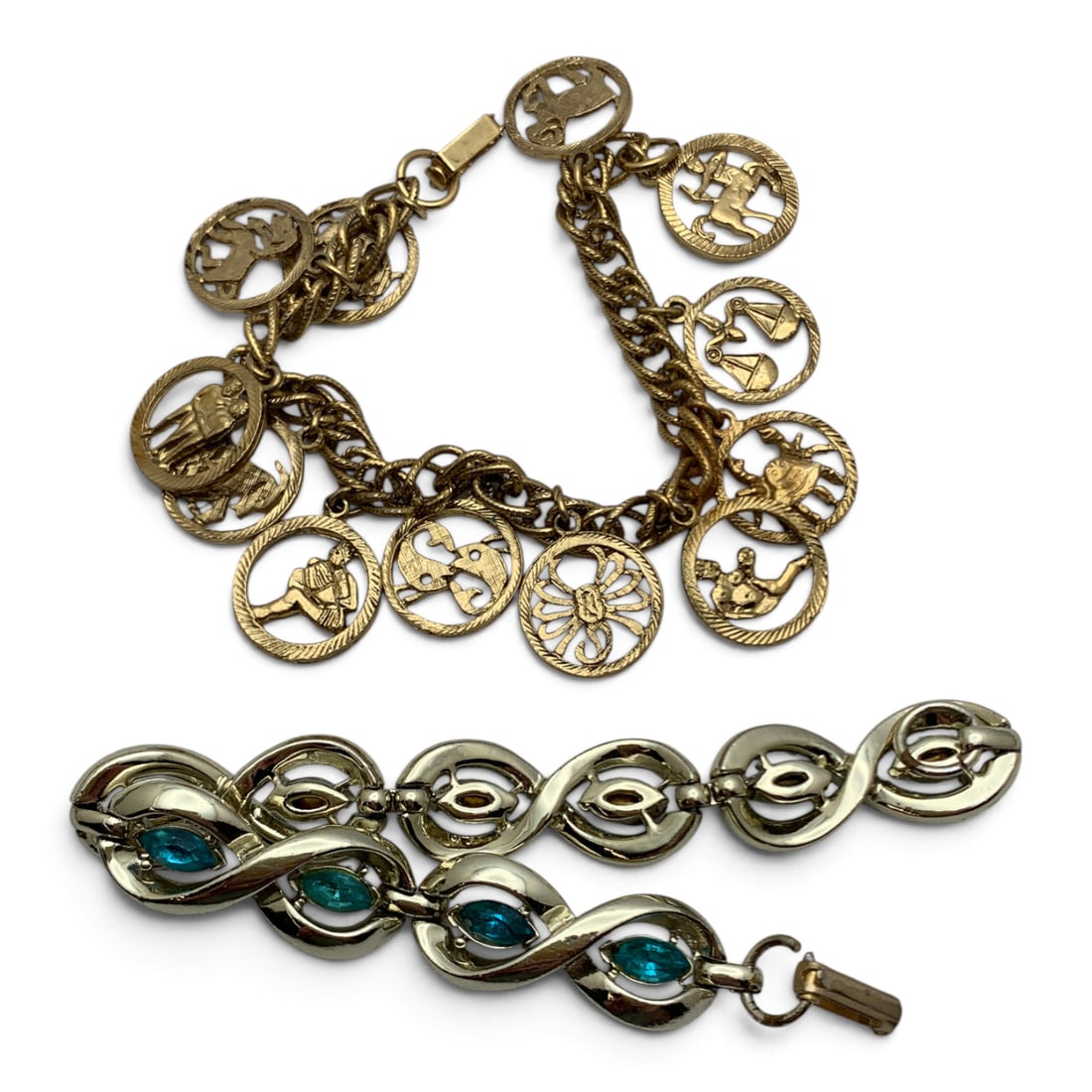 2 Vintage Fashion Bracelets: 2 Vintage Fashion Bracelets Including One Gold Tone Charm Bracelet And One Silver Tone Bracelet With Blue Rhinestones 7" & 8" Long
