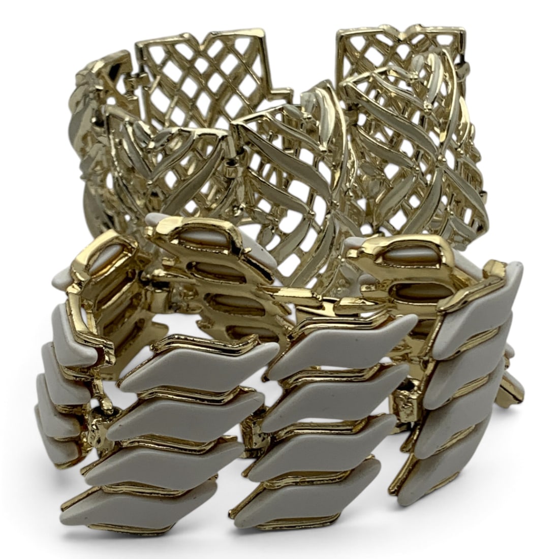 2 Gold Tone Enameled Fashion Bracelets: 2 Gold Tone Fashion Wide Body Bracelets Featuring White Enamel Work7 1/4" & 7 7/8" Long