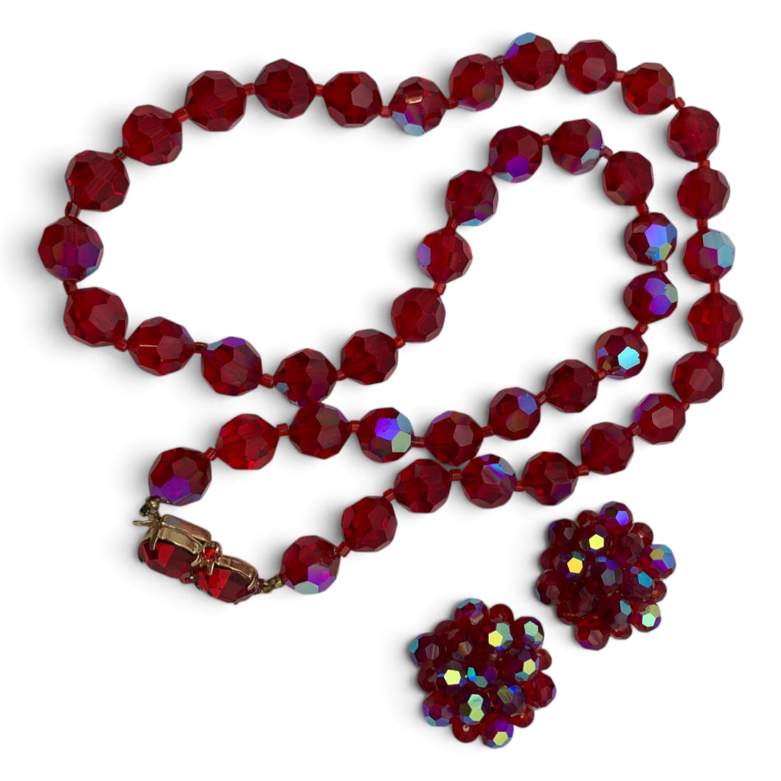 Vintage Red Glass Bead Necklace & Earring Set: Vintage Necklace & Clip Earrings Set Featuring Faceted Red Glass Beads Earrings: 1" LongNecklace: 22 1/2