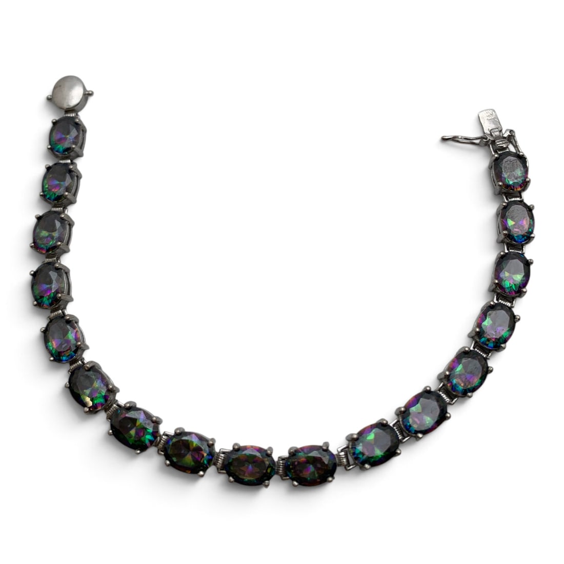 Sterling Silver & Rainbow Stone Bracelet: Sterling Silver Bracelet Featuring Rainbow Colored Stones Marked: 925 - 7 1/4" Long - 18.2 Grams