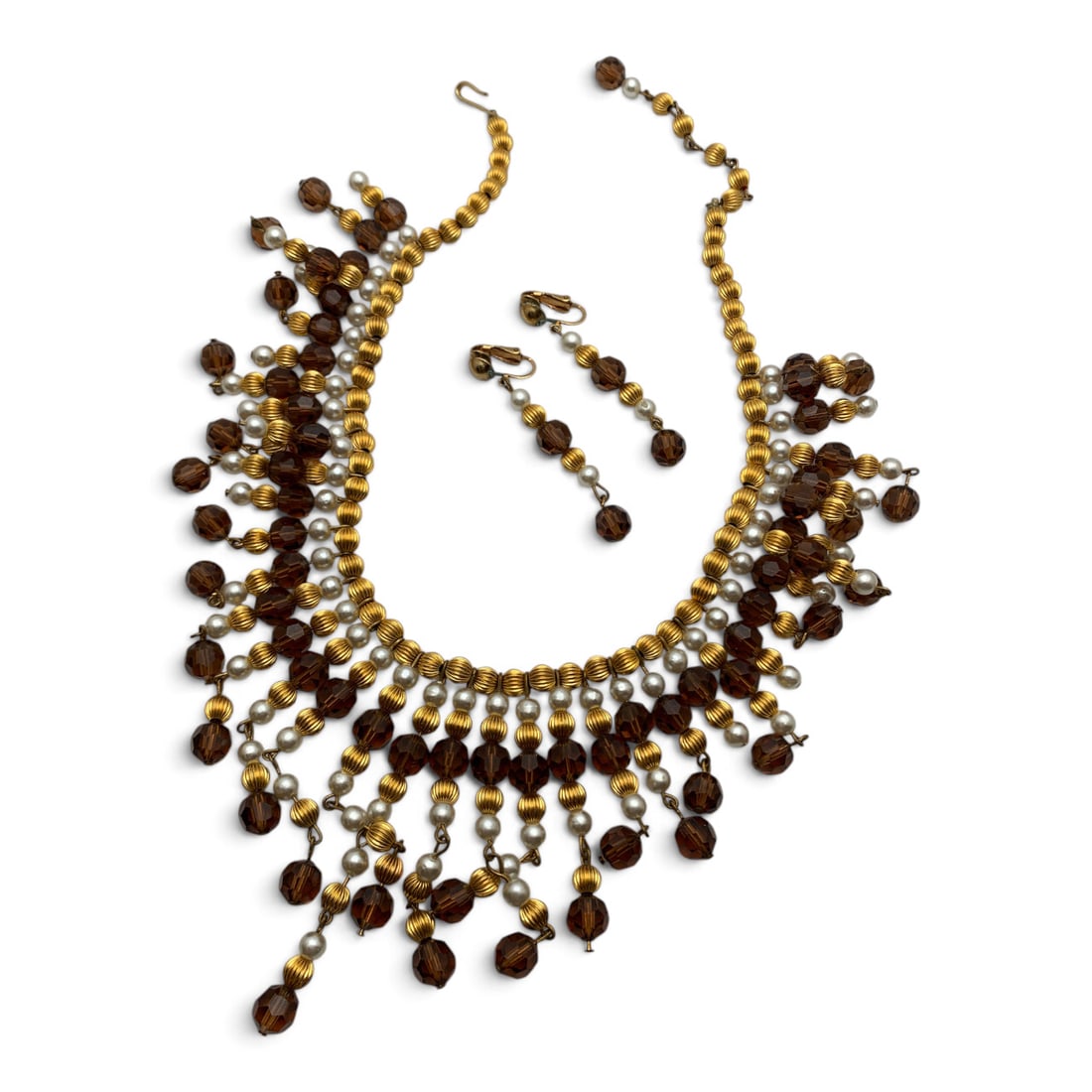 Vintage Necklace And Earrings Jewelry Set: Vintage Necklace And Earrings Jewelry Set Featuring Gold Tone Metal Beads, Faux Pearls, And Brown Faceted Glass BeadsNecklace: 16 1/4" LongEarrings: 2" Long