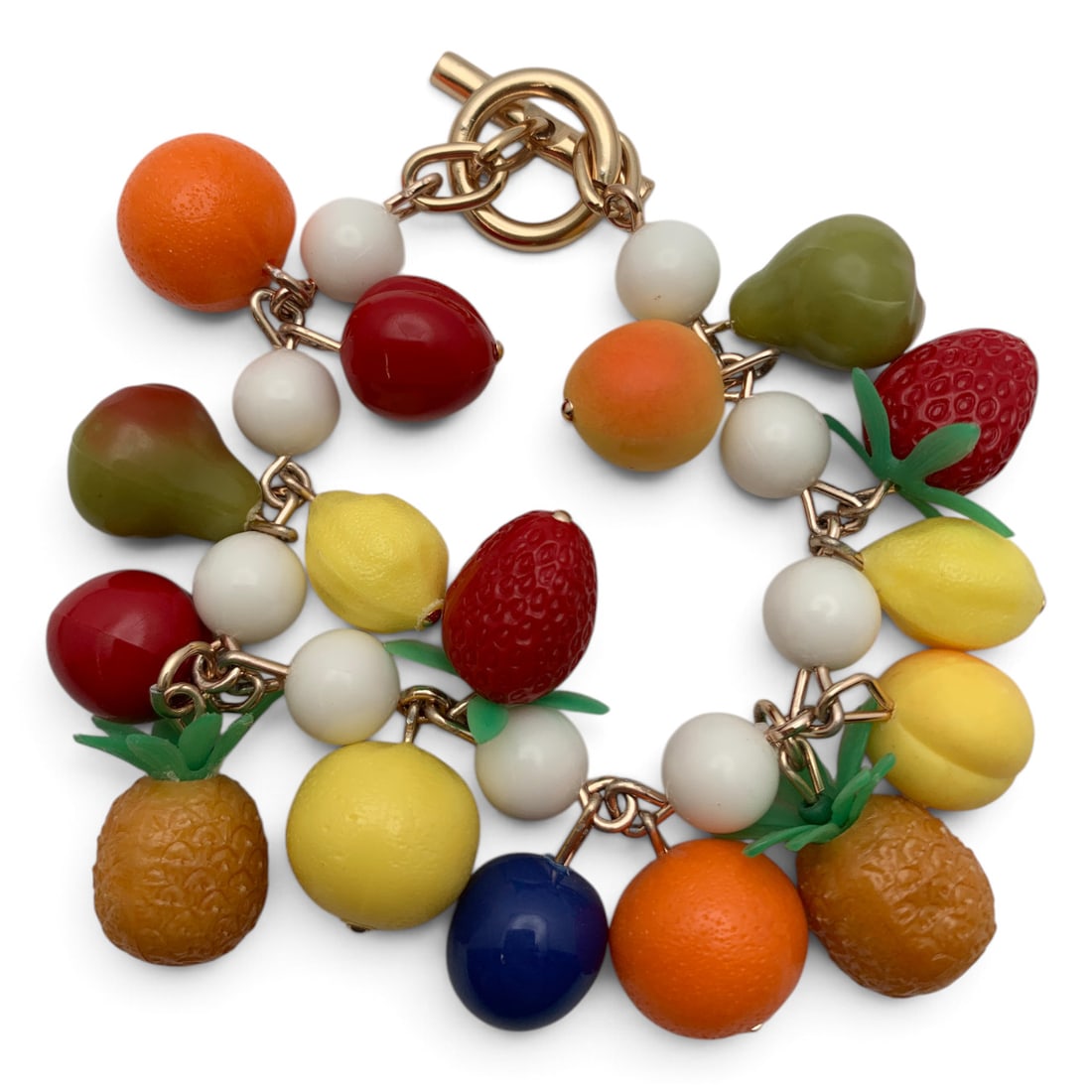 Fashion Gold Tone Fruit Charm Bracelet: Gold Tone Fashion Bracelet Featuring Molded Plastic Fruit Charms 7 1/2" Long