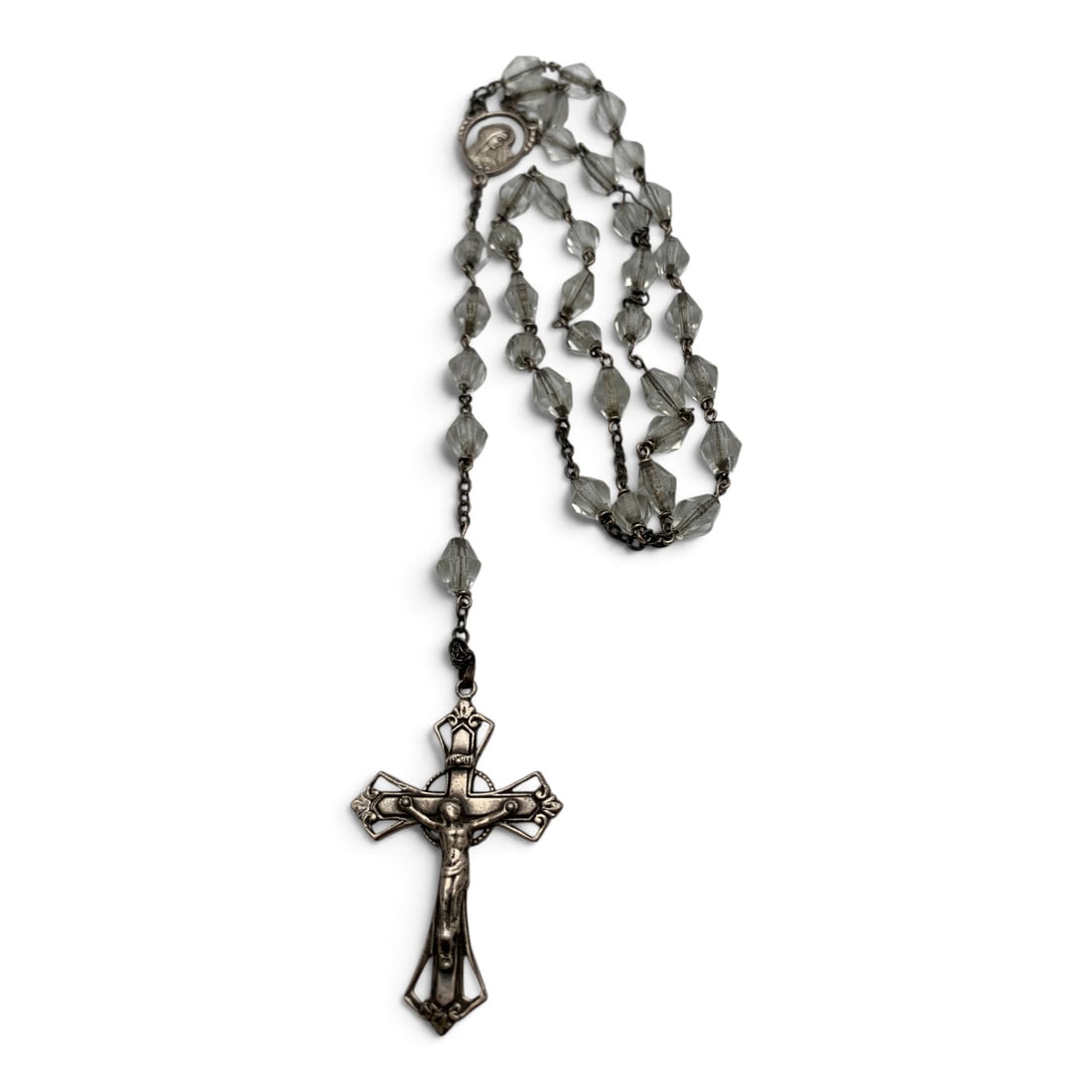 Vintage Sterling Silver & Glass Bead Rosary: Vintage Sterling Silver Rosary Necklace Featuring Faceted Clear Glass Beads Marked: Sterling - 15 3/4" Long - 22.0 Grams