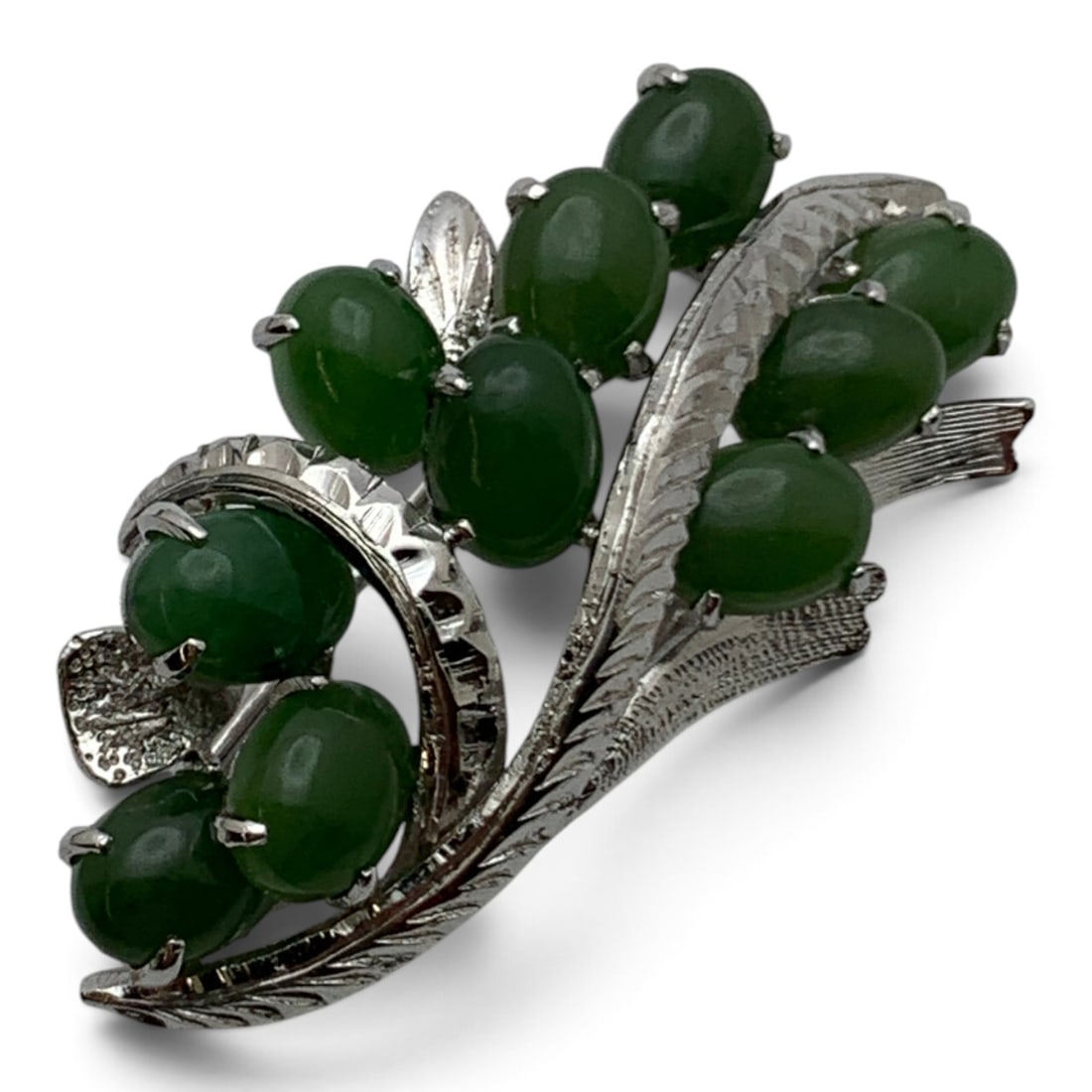 Silver Tone Green Jade Cabochon Brooch: Silver Tone Fashion Brooch Featuring Green Jade Cabochons 1 5/8" Long