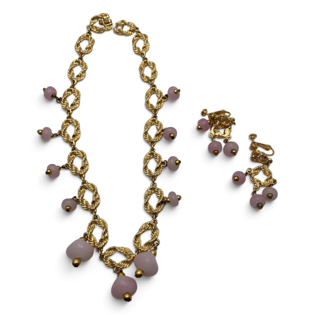 Vintage Pink Stone Charm Necklace & Earring Set: Vintage Fashion Gold Tone Necklace & Pair Of Earrings Set Featuring Pink Glass Dangle Charms Earrings: 2" LongNecklace: 17" Long