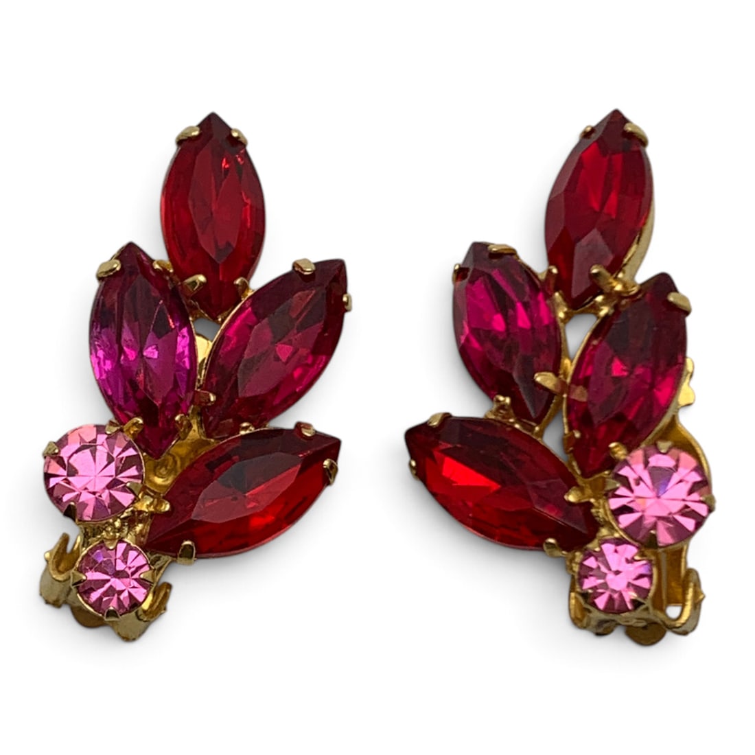 Pair Of Vintage Gold Tone Rhinestone Clip Earrings: Pair Of Vintage Gold Tone Clip Earrings Featuring Pink & Red Rhinestones 1 3/8" Long
