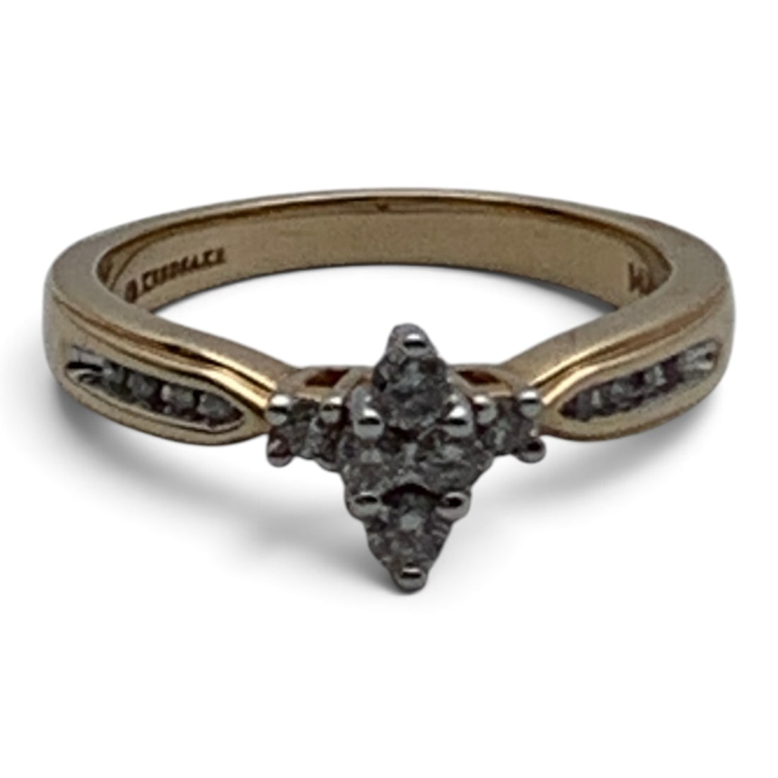 14k Yellow Gold & White Diamond Ring: 14k Yellow Gold Ring Featuring Round Cut White Diamonds. Channel Set Along The Band Are Round Cut White DiamondsMarked: 14k - Size 7 - 2.6 DwtGemstones Tested With Presidium Gem Tester Il - Berners