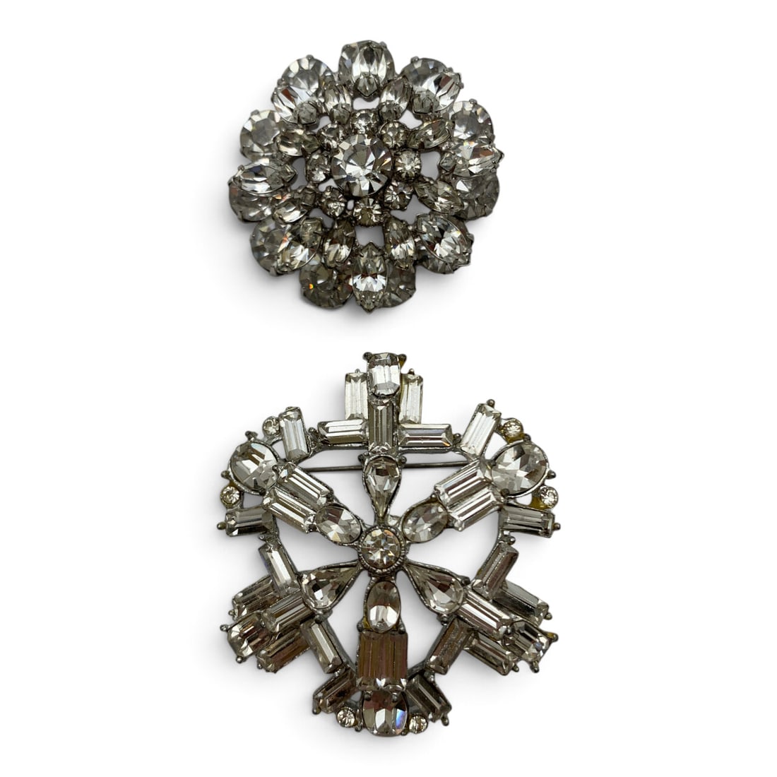 2 Silver Tone Vintage Rhinestone Brooches: 2 Vintage Silver Tone Brooches Featuring Clear Rhinestones 1 1/2" & 2" Long