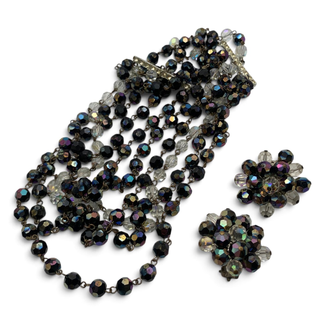 Vintage Glass Bead Necklace & Earring Set: Vintage Necklace & Earring Set Featuring Faceted Blue & Clear Glass Beads On Both ItemsEarrings: 1 3/8" LongNecklace: 17" Long