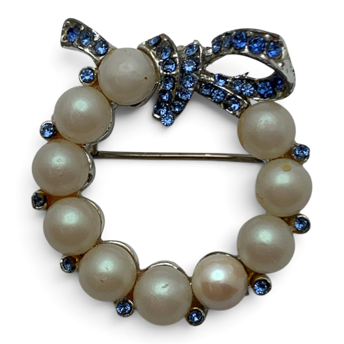 Silver Tone Faux Pearl & Rhinestone Brooch: Vintage Silver Tone Circular Pin Featuring Faux Pearl And Blue Rhinestones 1 3/8" Long