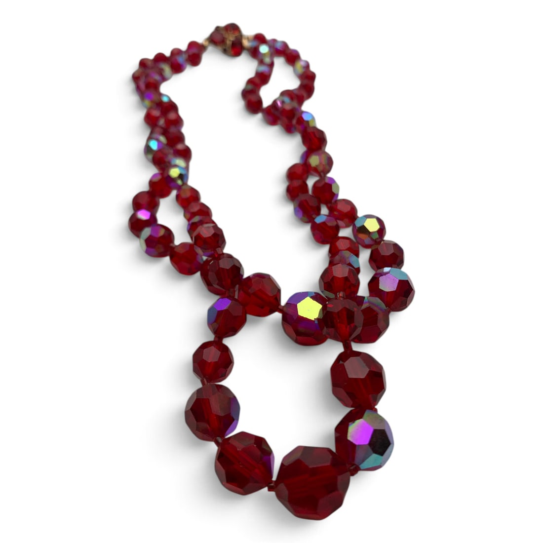 Vintage Red Glass Bead Fashion Necklace: Vintage Fashion Necklace Featuring A Gold Tone Clasp & Faceted Red Glass Beads 19" Long