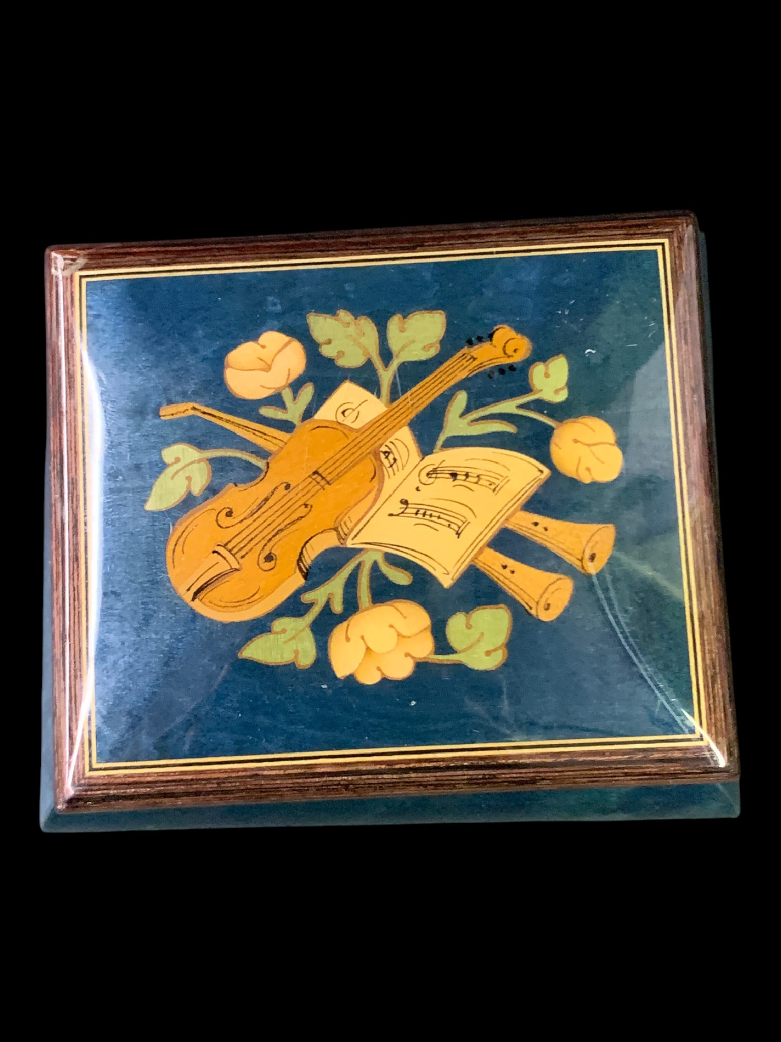 Vintage Marquetry Musical Jewelry Box: Vintage Marquetry Musical Jewelry Box Featuring A Glossy Lacquered Finish, A Double Border Wood Inlay And Movement By ReugeMarked: Romance, Swiss Made, Rodi Music Box, Movement Made By Reuge,