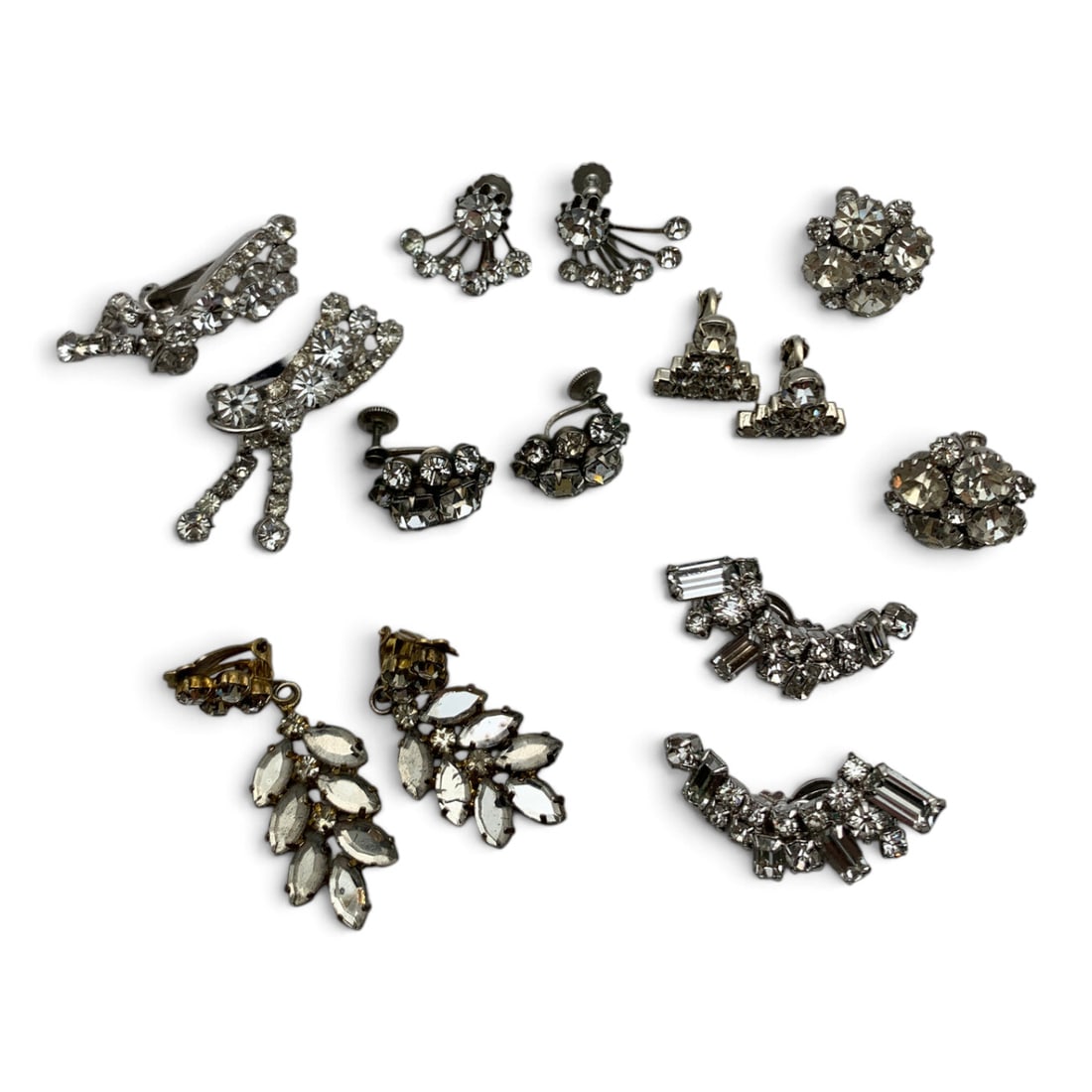 Grouping Of 7 Pairs Of Vintage Rhinestone Earrings: Grouping Of 7 Pairs Of Vintage Earrings All Featuring Clear Rhinestones Including Clips And Screw Backs