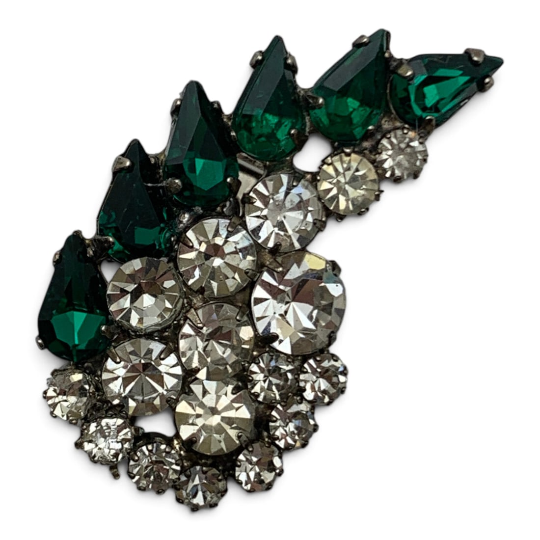 Vintage Silver Tone Brooch With Rhinestones: Vintage Silver Tone Brooch Featuring Clear And Green Rhinestones 1 3/4" Long