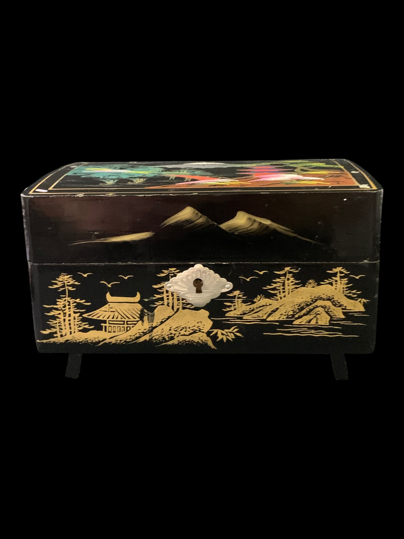 Vintage Japanese Black Lacquer Musical Box: Vintage Japanese Black Lacquer Musical Box Featuring A Hand Painted Gold Landscape Details And A Pink Interior Marked On Bottom: Toyo4 7/8" X 7 1/8"