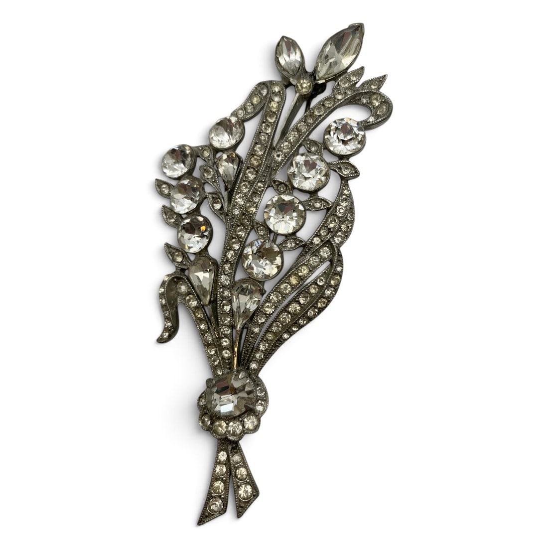 Vintage Silver Tone Brooch With Clear Rhinestones: Vintage Silver Tone Floral Brooch Featuring Clear Rhinestones 4 1/2" Long