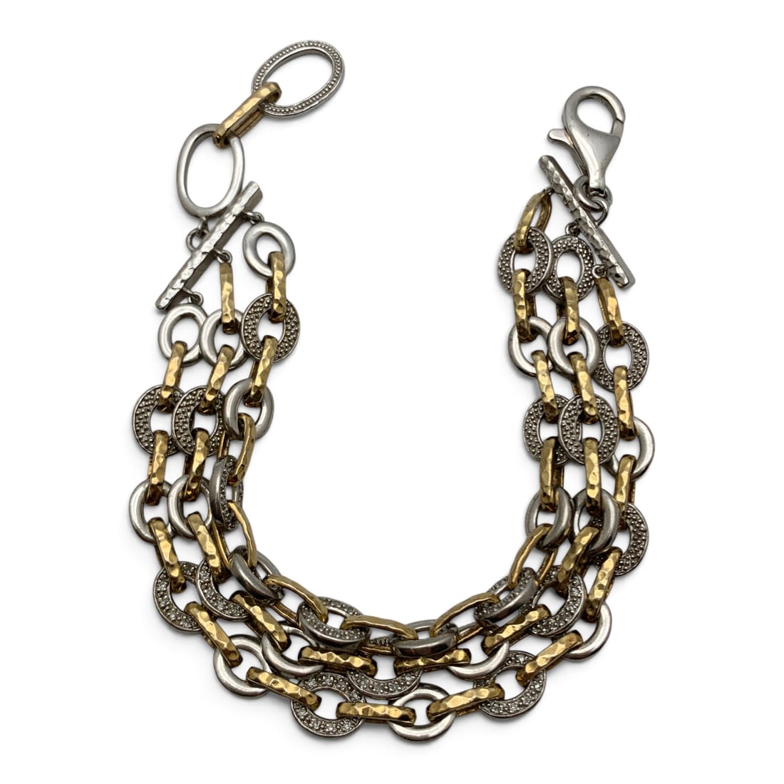 Sterling Silver Two Tone Multi Strand Bracelet: Sterling Silver Gold & Silver Tone Bracelet With Three Strands Marked: 925 - 8" Long - 27.2 Grams