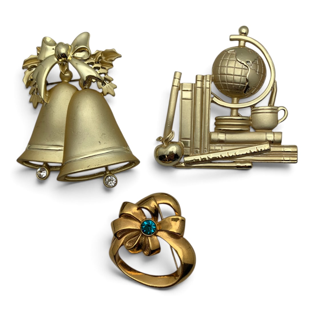 3 Vintage Gold Tone Fashion Brooches: 3 Vintage Gold Tone Fashion Brooches 1 3/8" - 3" Long