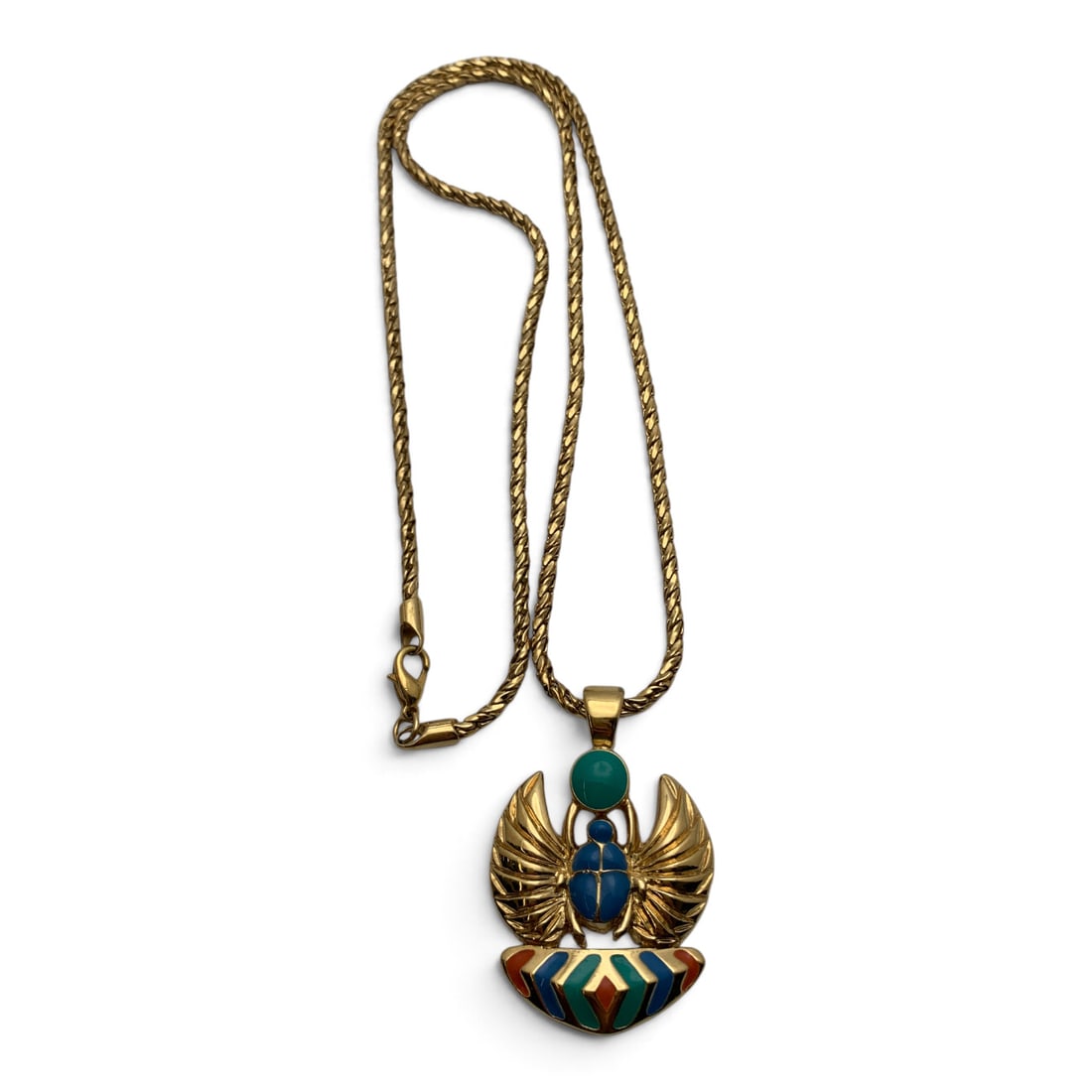 Gold Tone Enameled Fashion Pendant Necklace: Gold Tone Fashion Pendant Featuring Colorful Enamel Work On A Gold Tone Necklace 24 5/8" Long
