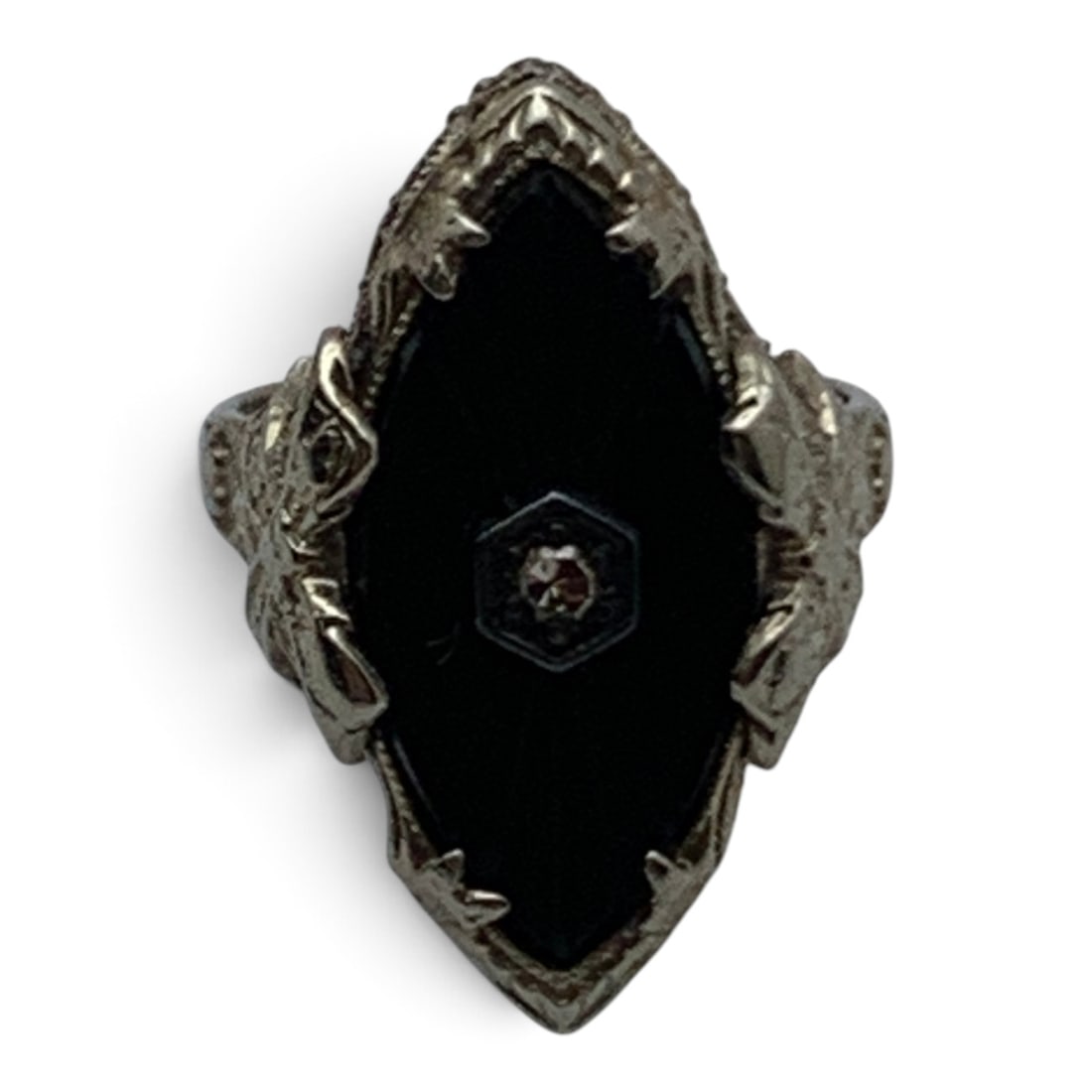 Vintage 14k White Gold & Diamond Mourning Ring: 14k White Gold Mourning Ring Featuring A Black Onyx Stone With A Round Cut White Diamond Set In The MiddleMarked: 14k - Size 3.5 - 2.7 DwtGemstones Tested With Presidium Gem Tester Il - Berners Does N