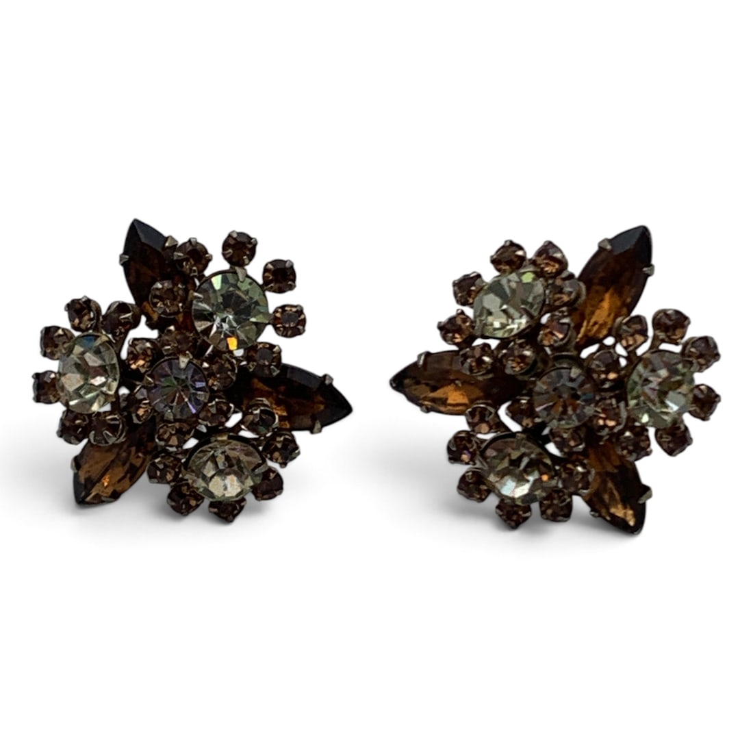 Pair Of Rhinestone Clip Earrings: Pair Of Clip Earrings Featuring Dark Rhinestones 1 3/8" Long