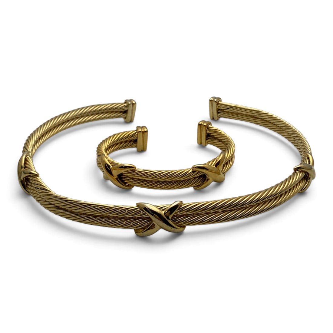 Gold Tone Fashion Bracelet & Collar Necklace: Vintage Gold Tone Fashion Collar Necklace And Cuff Bracelet Jewelry Set Featuring A Twisted Cable Design And Accent Details Collar Necklace: 5 1/8" Inside Width Cuff Bracelet: 2 3/8" Inside Width