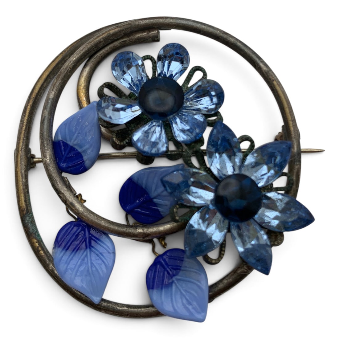 Vintage Enamel & Rhinestone Brooch: Vintage Silver Tone Fashion Brooch Featuring Blue Leaf Enamel Work And Blue Rhinestone Flowers 2 1/4" Long