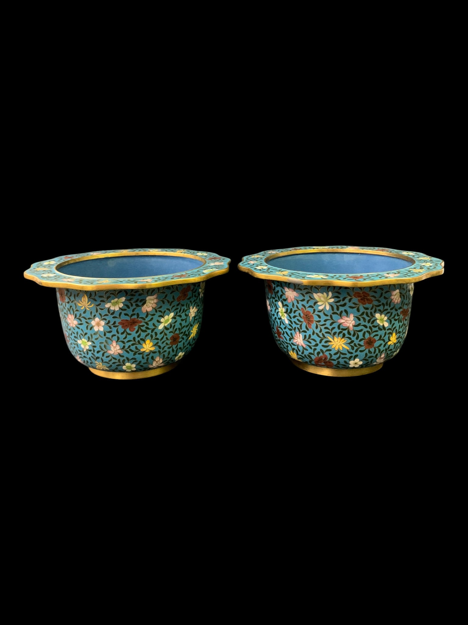 2 Large Chinese Blue Cloisonne Bowls: 2 Chinese Cloisonne Bowls Featuring A Blue Background And Colorful Floral Designs Bears Tag On Bottom4 1/4" Tall - 8 1/4" Diameter
