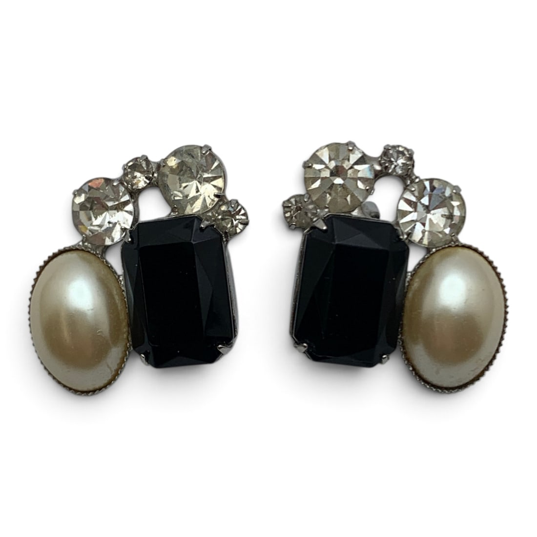 Pair Of Vintage Silver Tone Fashion Clip Earrings: Pair Of Vintage Silver Tone Clip Earrings Featuring Faux Pearl, Black Glass Stone, And Clear Rhinestones 1 1/8" Long