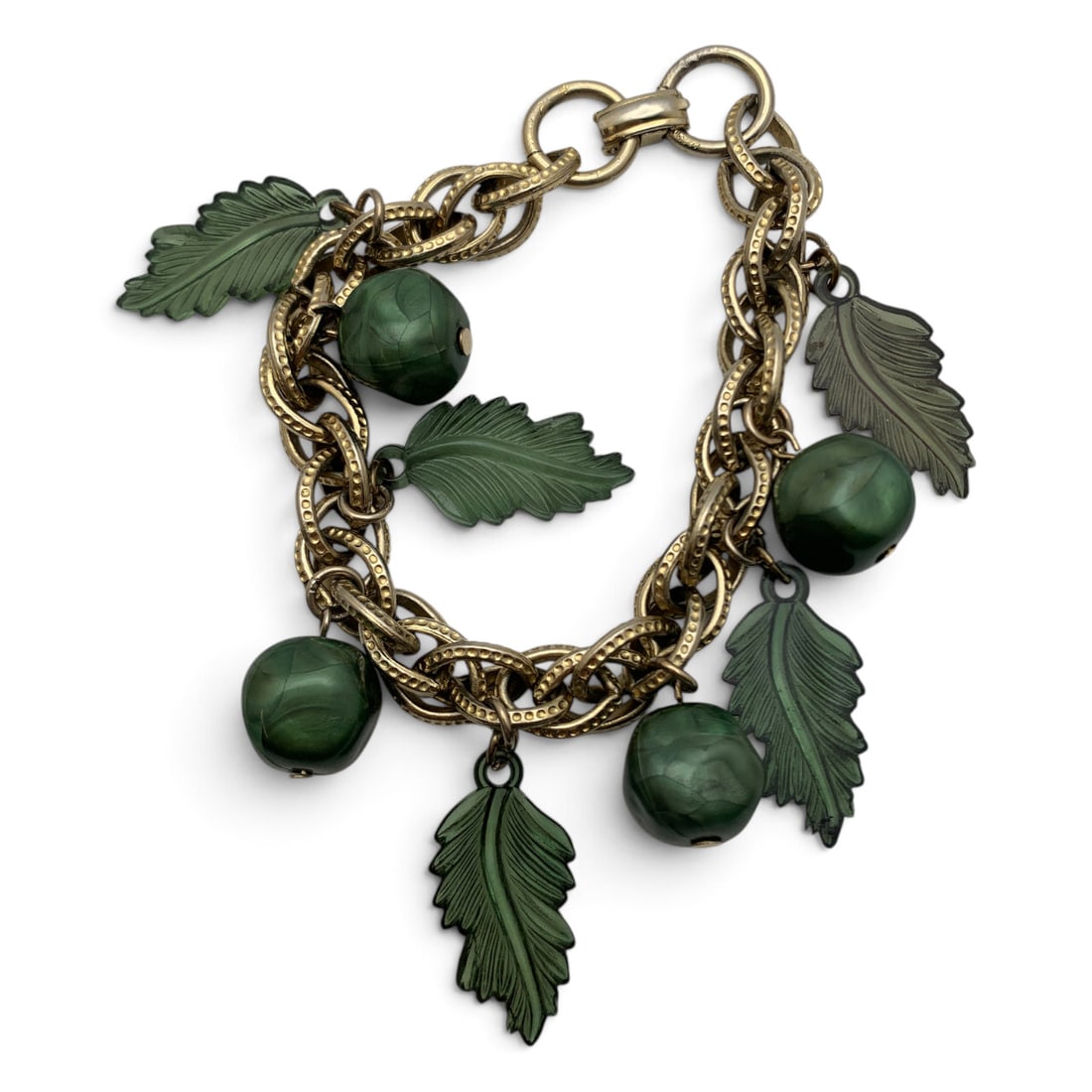 Vintage Faux Pearl Gold Tone Bracelet: Vintage Gold Tone Bracelet Featuring Green Faux Pearls And Leaf Motif Charms 8 1/8" Long