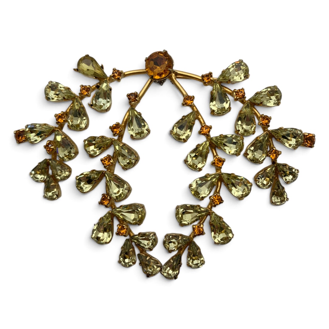 Vintage Gold Tone Brooch With Rhinestones: Vintage Gold Tone Brooch Featuring Lime Green & Orange Rhinestones3 1/2" Long
