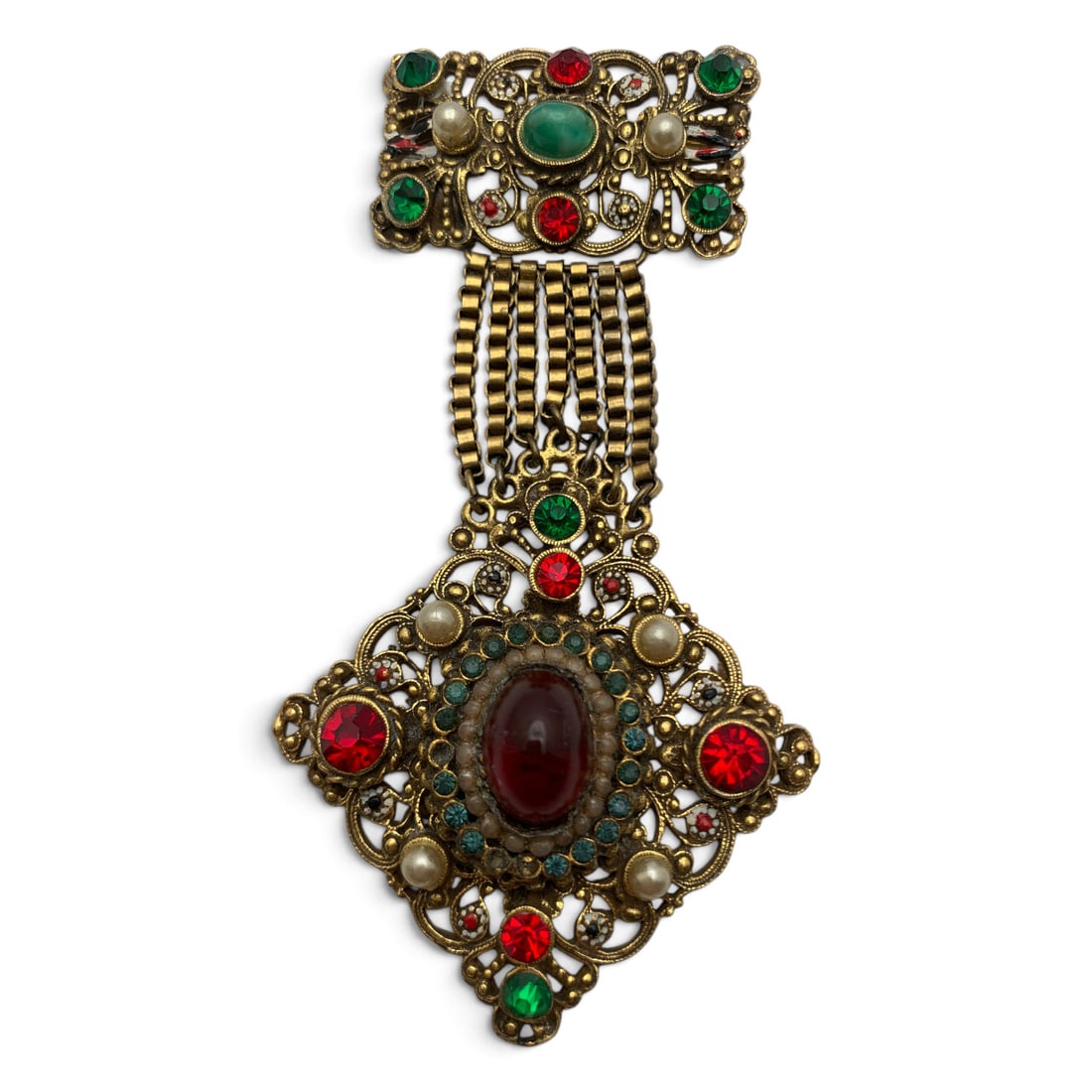 Vintage Gold Tone Brooch With Rhinestones: Vintage Gold Tone Brooch Featuring Faux Pearls And Colored Rhinestones 4 1/4" Long