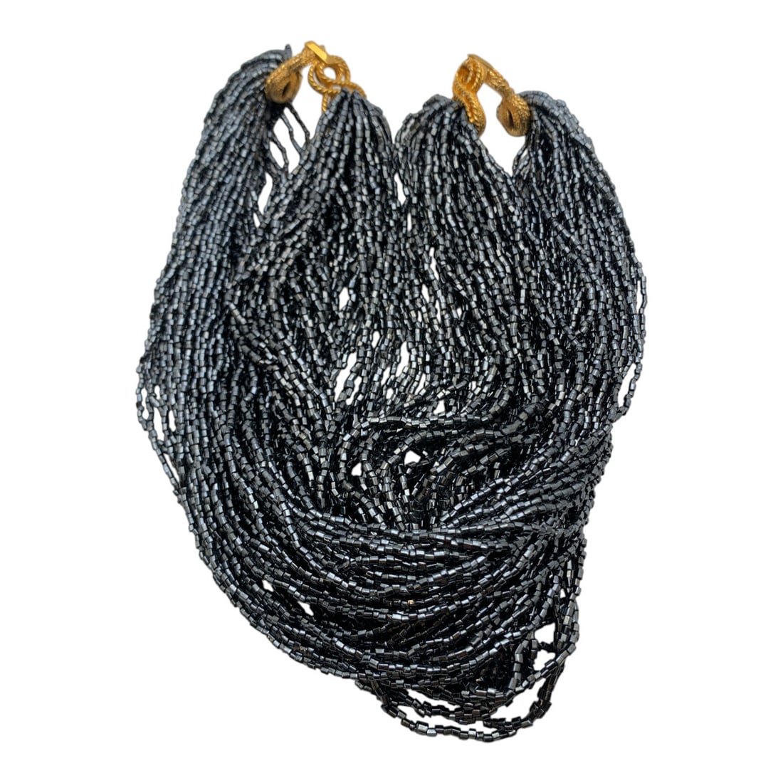 Multi Strand Black Seed Bead Fashion Necklace: Multi Strand Black Seed Bead Fashion Necklace Featuring Ornate Gold Tone Metal Connectors15" Long