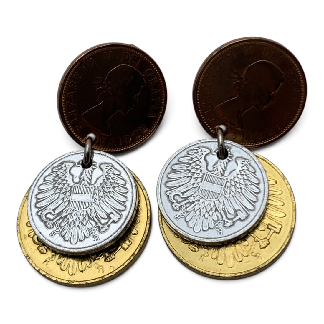 Vintage Coro Foreign Coin Dangle Earrings: Pair Of Vintage Signed Coro Dangle Earrings Featuring Foreign Coins Marked: Coro - 1 5/8" Long