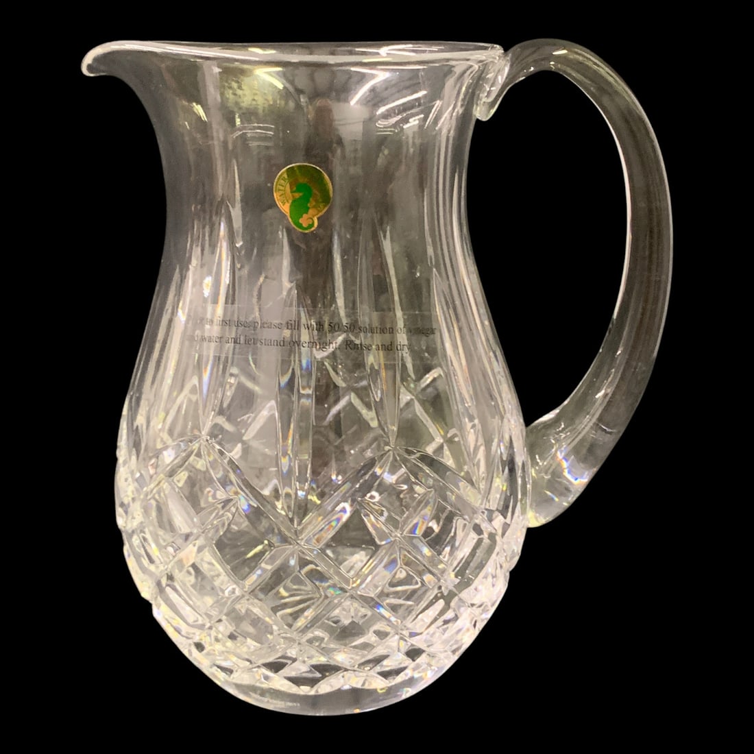 Waterford Crystal Lismore Pitcher: Waterford Crystal Lismore Pitcher Featuring Diamond Cut Design Bears Sticker Tag: Waterford Crystal, Made In SloveniaMarked On Bottom: Waterford8 1/2" Tall