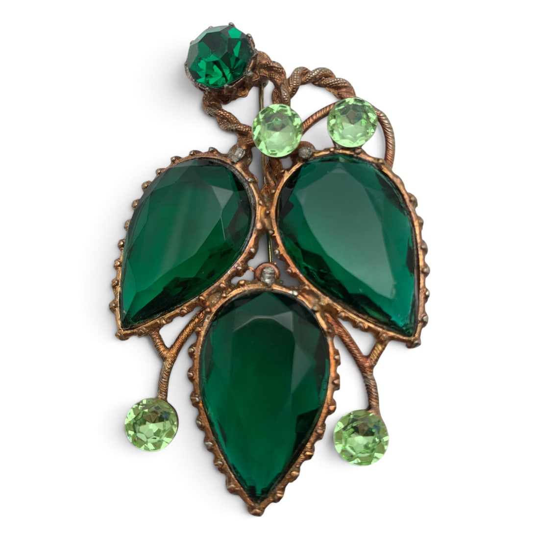 Vintage Bronze Tone Brooch With Green Rhinestones: Vintage Bronze Tone Fashion Brooch Featuring Light And Dark Green Rhinestones 3 1/8" Long