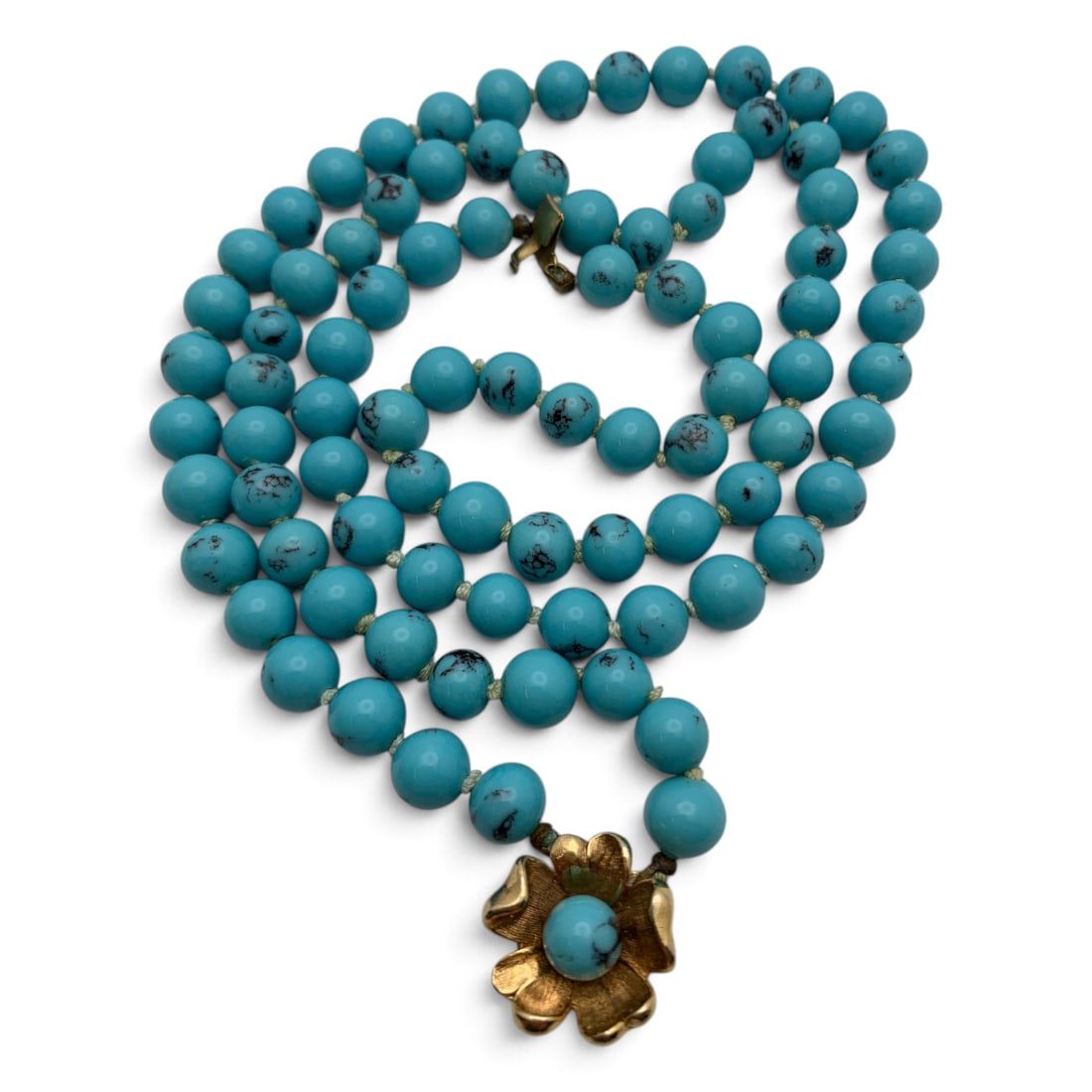 Gold Tone Fashion Necklace With Blue Stones: Fashion Necklace Featuring A Gold Tone Floral Clasp And Beaded Blue Stones 16" Long