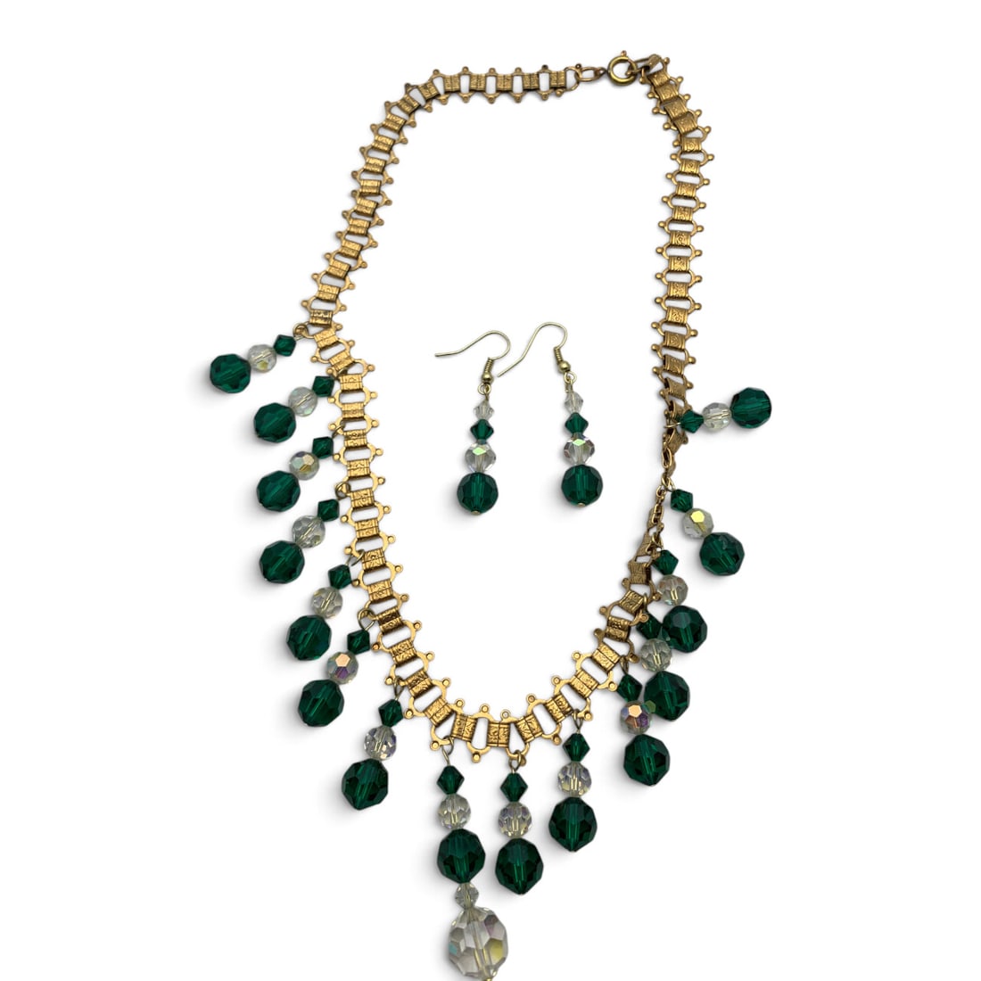Vintage Gold Tone Jewelry Set: Vintage Gold Tone Jewelry Set Including One Necklace And One Pair Of Earrings Featuring Green & Clear Glass Faceted Beads Necklace: 19 1/4" Long Earrings: 2" Long