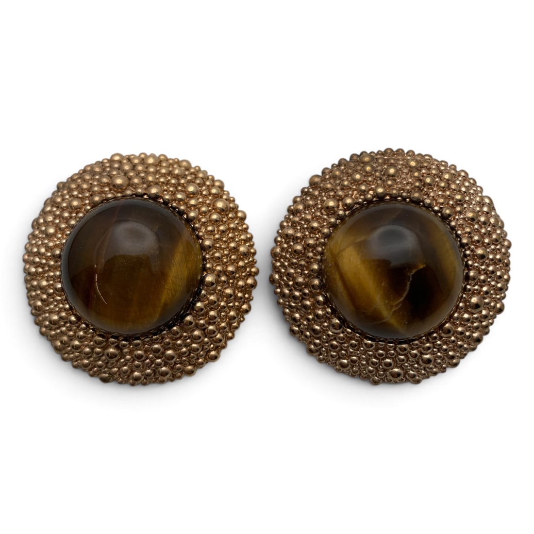 Pair Of Gold Tone Tiger's Eye Clip Earrings: Pair Of Gold Tone Clip Earrings Featuring A Tiger's Eye Stone 1 3/8" Long