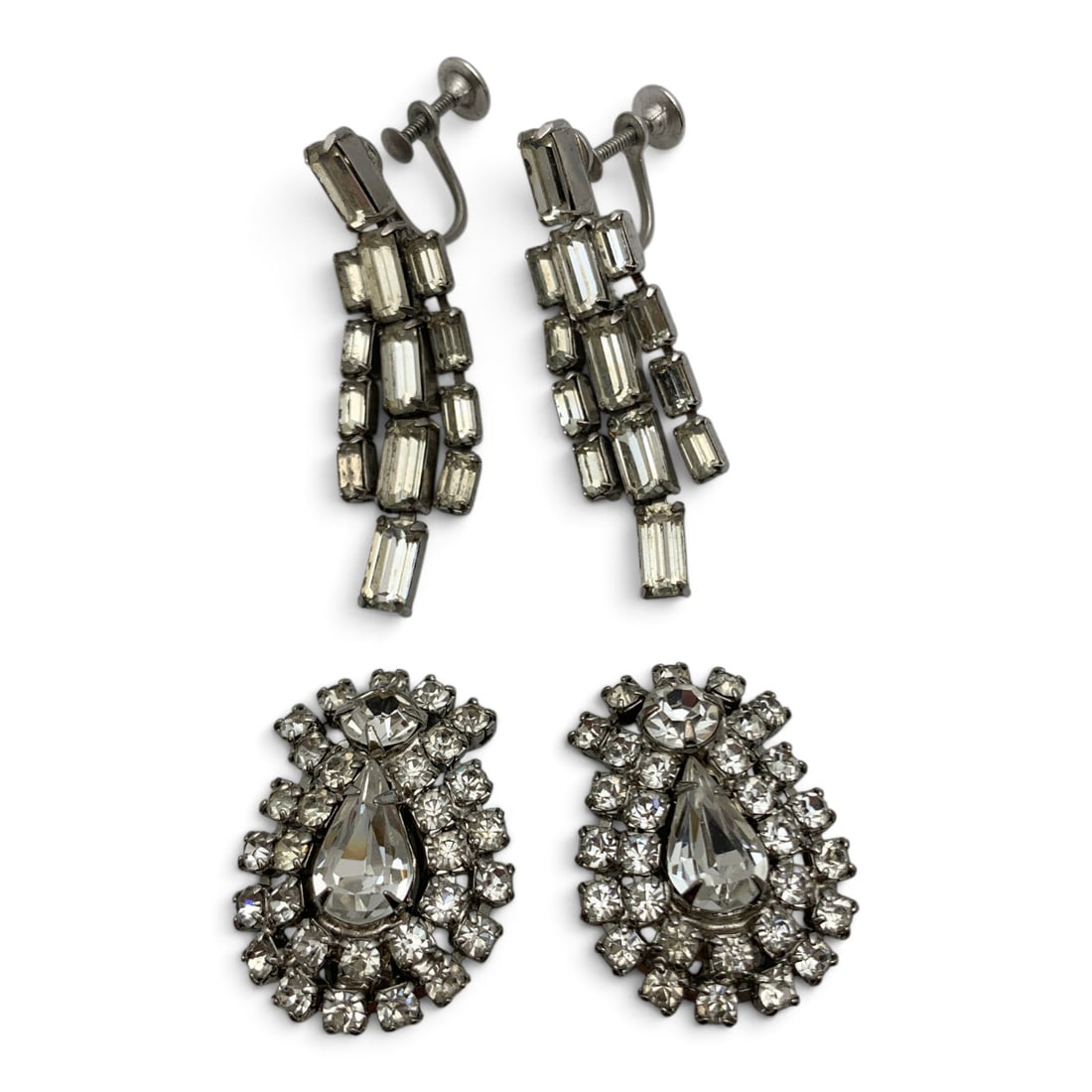 2 Pairs Of Vintage Singed Rhinestone Earrings: 2 Pairs Of Vintage Silver Tone Signed Weiss Earrings Featuring Clear Rhinestones 1 1/8" & 1 3/4" Long