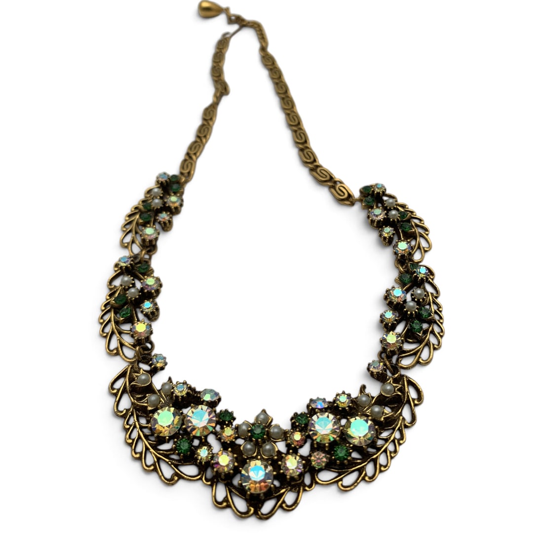 Vintage Gold Tone Necklace With Rhinestones: Vintage Gold Tone Necklace Featuring Green And Iridescent Rhinestones 17 1/4" Long